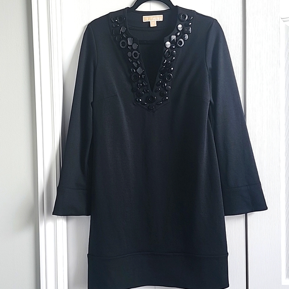 Michael Kors Black Beaded V-Neckline Dress with Long sleeves.